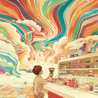 Child in a store of rainbow colors